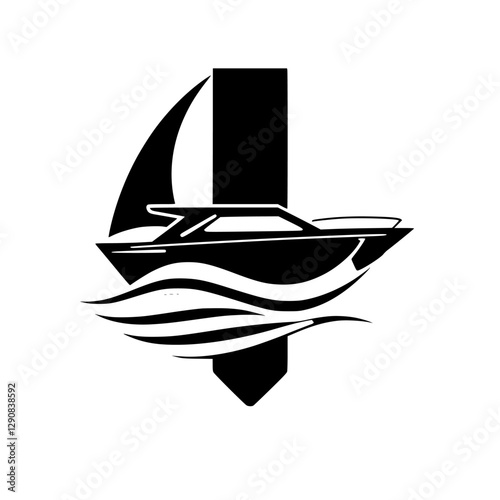 Modern Black & White Minimalist Logo of a Motorboat & Waves.