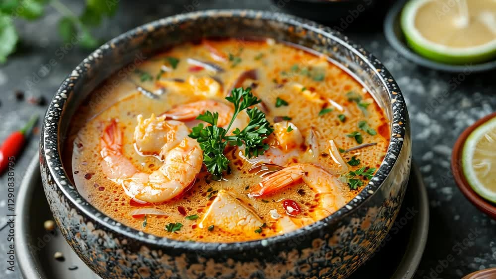 Delicious creamy shrimp soup in a rustic bowl with herbs and lime Delicious creamy shrimp soup in a rustic bowl with herbs and lime