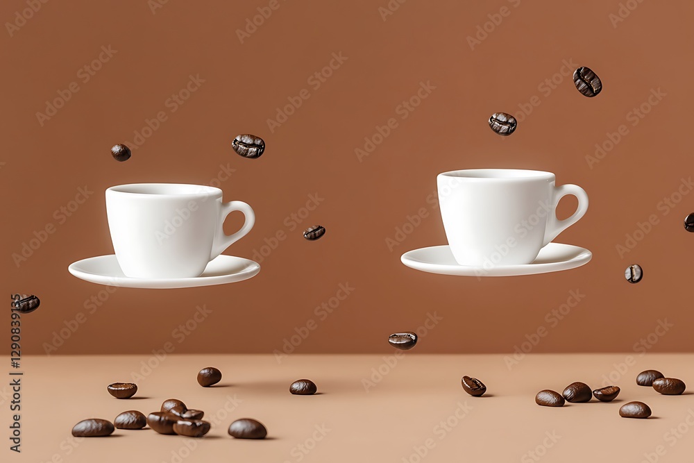 Obraz premium Floating Coffee Cups and Coffee Beans