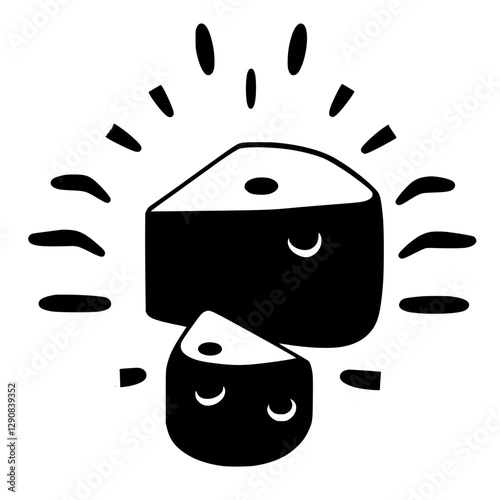 Black and white illustration of two cheese wedges with radiating lines on a white background.