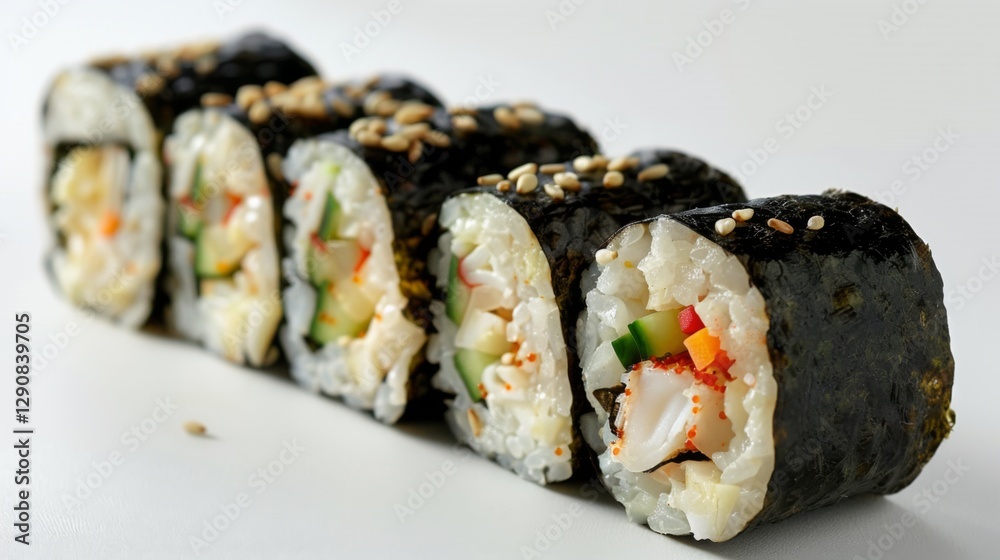 Five sushi rolls are displayed with vibrant fillings of cucumber and seafood, highlighting the texture of rice and nori, perfect for a culinary enthusiast's feast. Five sushi rolls are displayed with vibrant fillings of cucumber and seafood, highlighting the texture of rice and nori, perfect for a culinary enthusiast's feast.