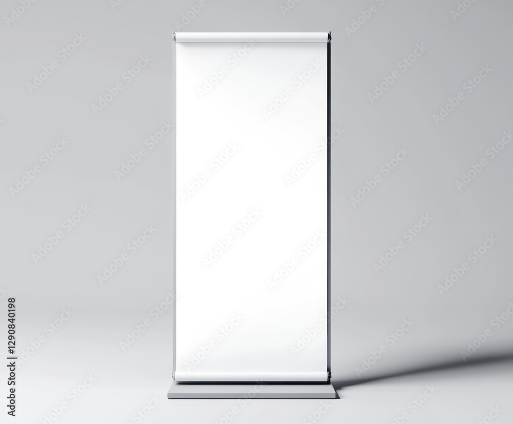 A blank roll-up banner mockup with a white background, placed on an isolated gray surface. The display is illuminated from the front and has no text or graphics visible A blank roll-up banner mockup with a white background, placed on an isolated gray surface. The display is illuminated from the front and has no text or graphics visible