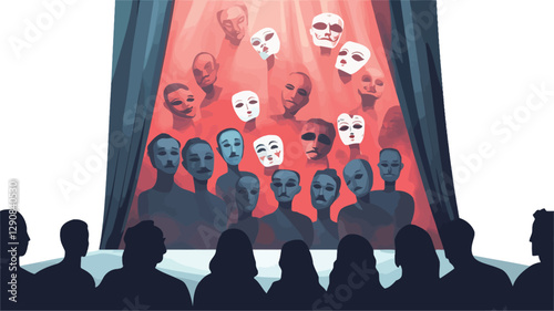 A digital illustration depicting a stage with a red curtain.  A spotlight illuminates numerous faces, some wearing masks, descending from above.  The faces are stylized and somewhat expressionless,