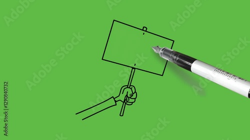 draw human hand wear shirt arm hold rectangle shape blank board with stick in hand with black outline on abstract green screen background  
