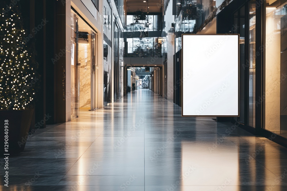mockup of an empty, blank white poster frame in the entrance area of a luxury shopping mall, with no people present mockup of an empty, blank white poster frame in the entrance area of a luxury shopping mall, with no people present