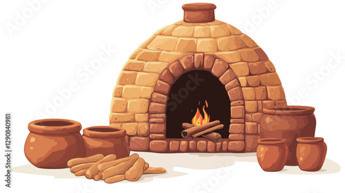 A digital illustration depicts a dome-shaped clay oven constructed of light brown bricks.  The oven features a dark archway revealing a small fire with flames. Several terracotta-colored clay pots