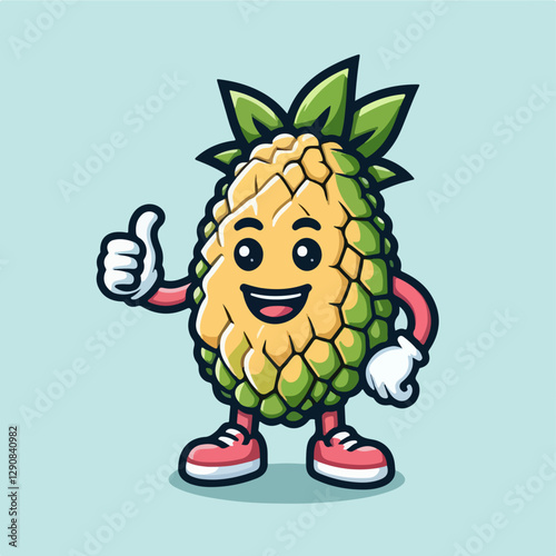 Jackfruit Cheerful Pineapple Mascot: A vibrant cartoon pineapple character, full of personality, offers a friendly thumbs-up gesture, radiating positivity and joy.