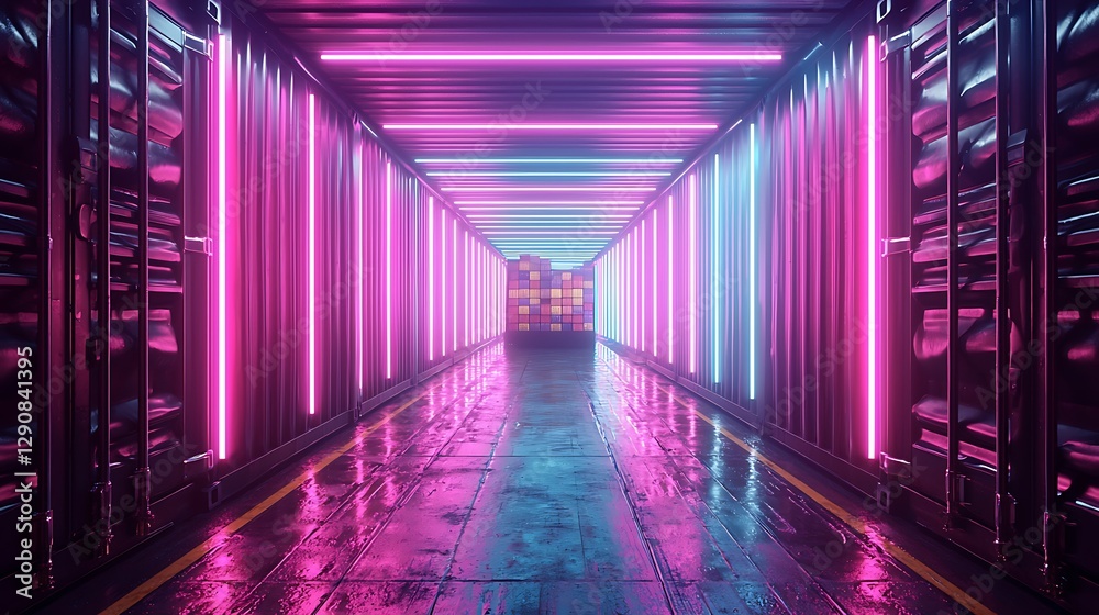 Neon Glowing Corridor in Shipping Containers. Neon Glowing Corridor in Shipping Containers.