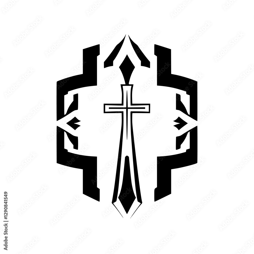 Obraz premium Elegant Black and White Christian Cross Design within a Geometric Hexagon.
