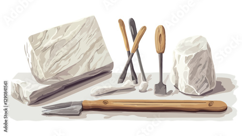 The image showcases a digital illustration or painting of sculpting tools and materials.  The composition features two blocks of light-colored, veined stone,  a smaller rounded piece of similar