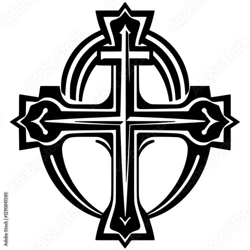 A highly stylized and detailed, black and white Celtic Cross, with interlaced linear design elements, symbolizing religious faith and heritage.