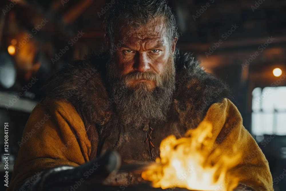 Strong warrior with a fierce expression and fire in a rustic setting engaged in traditional craftsmanship Strong warrior with a fierce expression and fire in a rustic setting engaged in traditional craftsmanship