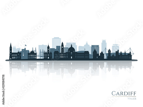 Cardiff skyline silhouette with reflection. Landscape Cardiff, Wales. Vector illustration.
