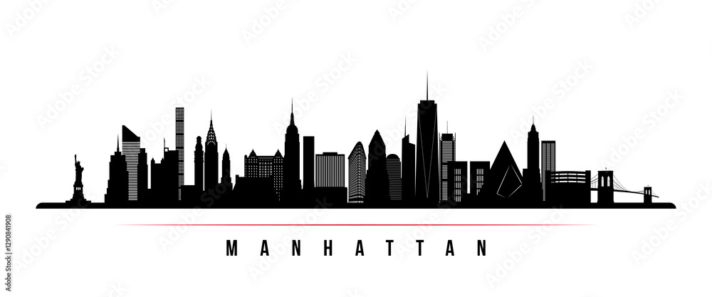 Fototapeta premium Manhattan skyline horizontal banner. Black and white silhouette of Manhattan, NYC. Vector template for your design.