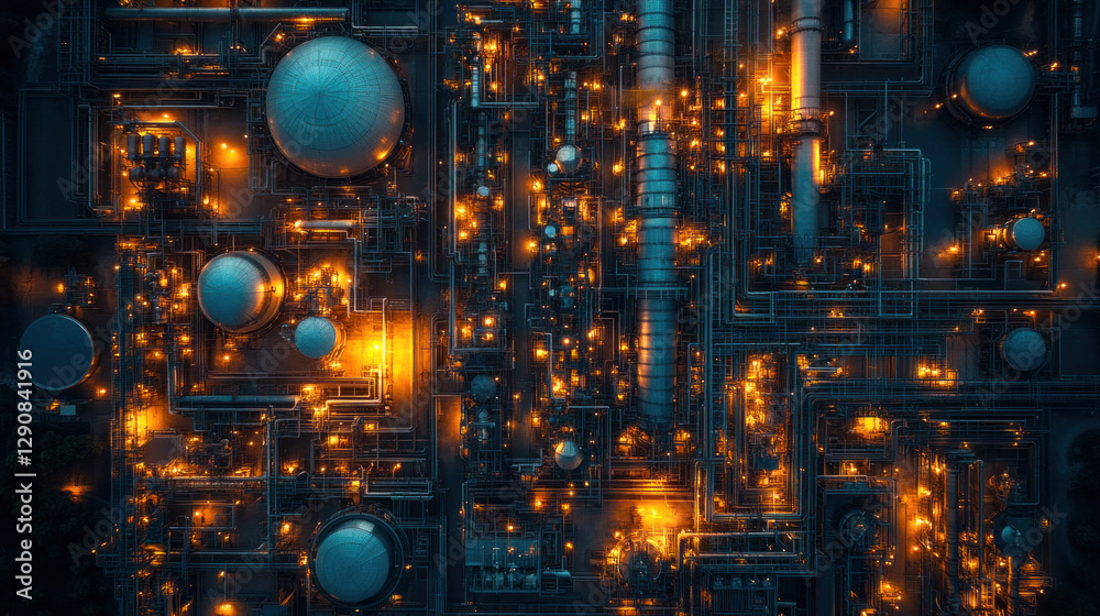 Obraz premium Bird's eye view of a manufacturing hub, highlighting the intricate network of production plants, supply chains, and energy stations