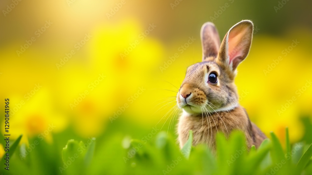 Fototapeta premium Cute little bunny in a spring meadow with daffodils