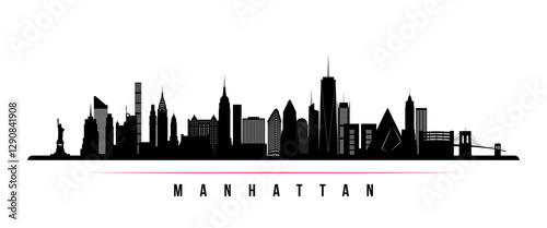 Manhattan skyline horizontal banner. Black and white silhouette of Manhattan, NYC. Vector template for your design. 
