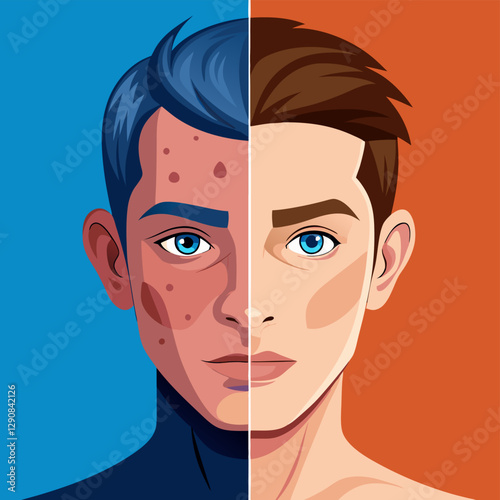 Vector illustration of people suffers from skin disease in flat design style. Acne skin problems Teenage Boy with magnifying glass for looking cystic acne on her facial