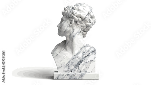 A profile view of a classical-style marble bust sculpture of a woman.  The sculpture is predominantly white and grey, showing texture and detail in the hair and drapery. The bust is presented on a