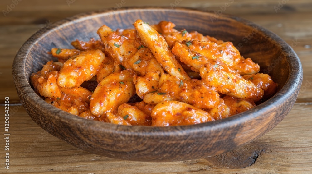 Wooden Bowl of Spicy Chicken, Rustic Table Wooden Bowl of Spicy Chicken, Rustic Table