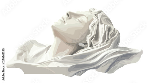 Close-up illustration of a reclining female figure sculpture. The sculpture is rendered in shades of off-white and grey, suggesting marble or stone.  The figure's head is tilted upward, eyes