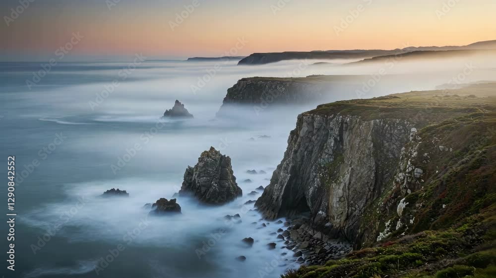 A tranquil coastal landscape with fog and cliffs at sunset A tranquil coastal landscape with fog and cliffs at sunset