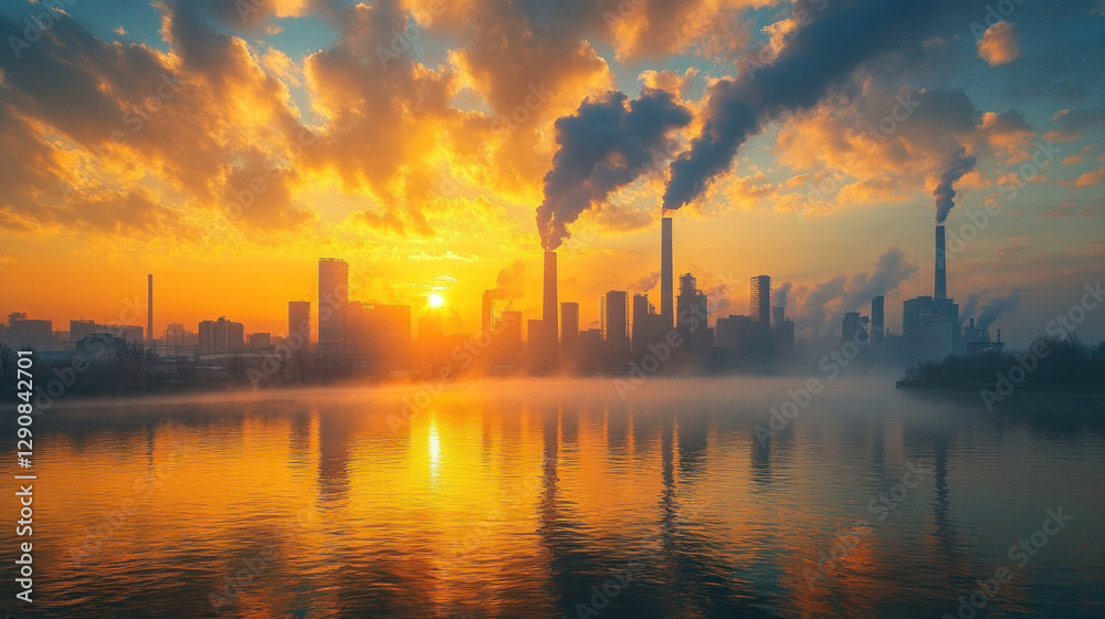 Naklejka premium Factories in a heavy industry district, with metal foundries, massive gears, and smoke-filled skies