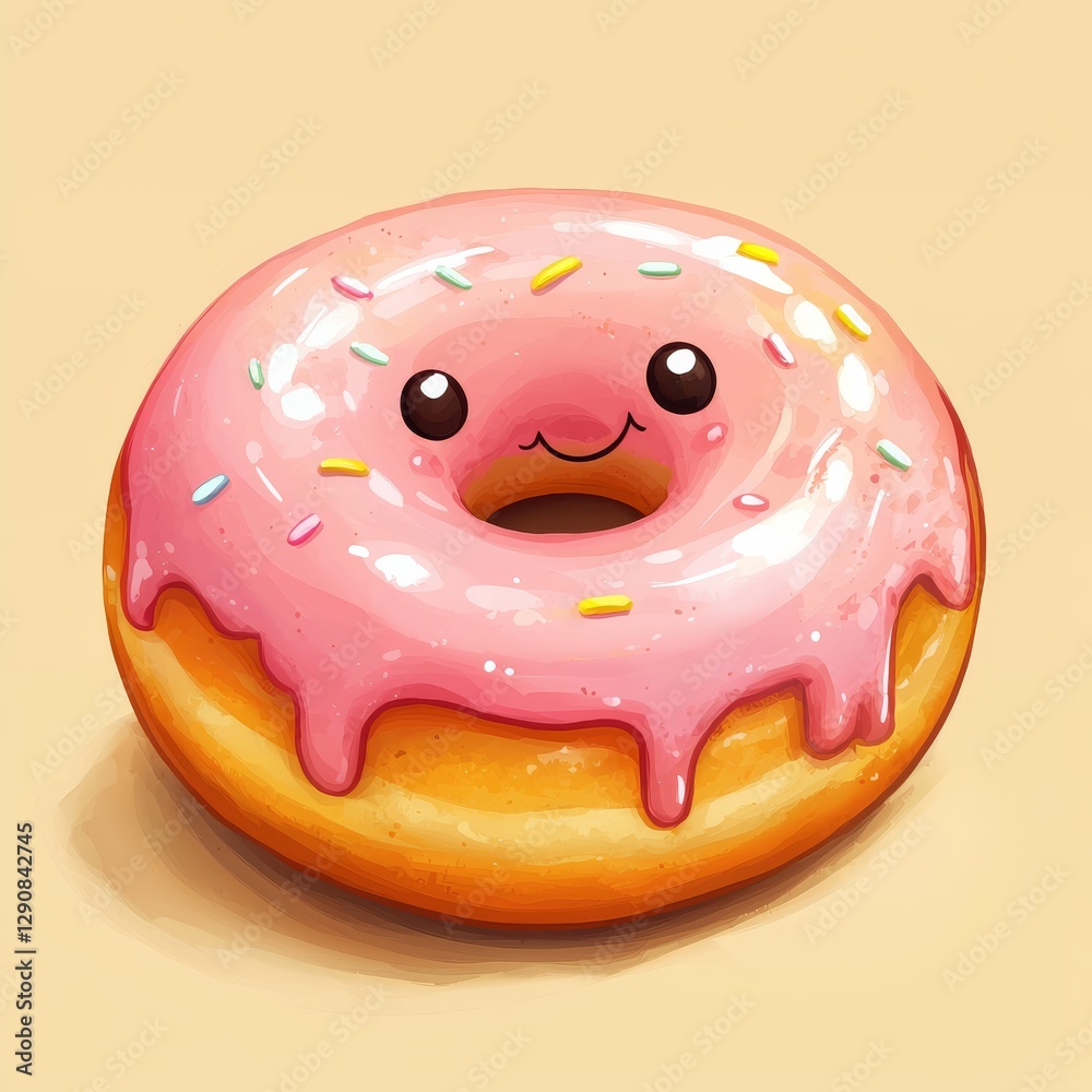Fototapeta premium Cute Cartoon Donut with Pink Icing and Sprinkles