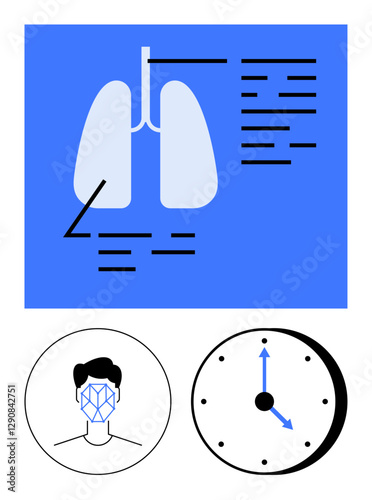 Pulmonary diagram with annotated text, geometric face recognition graphic, and clock showing arrows for time treks. Ideal for healthcare, AI technology, diagnostics, breathing wellness, patient