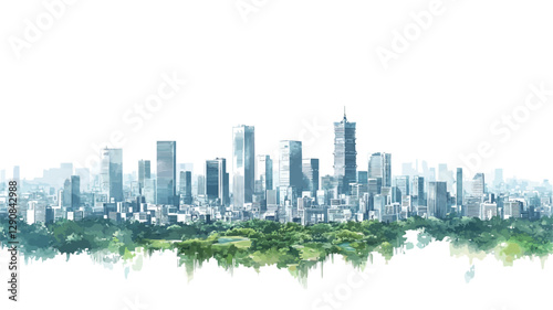 The image is a digital watercolor painting depicting a cityscape.  The style is painterly and impressionistic, with soft edges and blended colors. The cityscape is composed of numerous skyscrapers