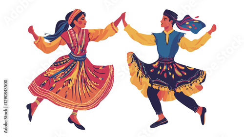 Illustration of a man and a woman in traditional folk costumes performing a lively dance.  The style is stylized and flat, using bold, saturated colors (reds, oranges, blues, blacks) against a