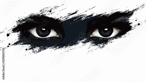 Close-up, stylized illustration of a pair of eyes. The eyes are rendered in high contrast black and white, with dark pupils and intense gaze. A large black abstract brushstroke or paint splatter