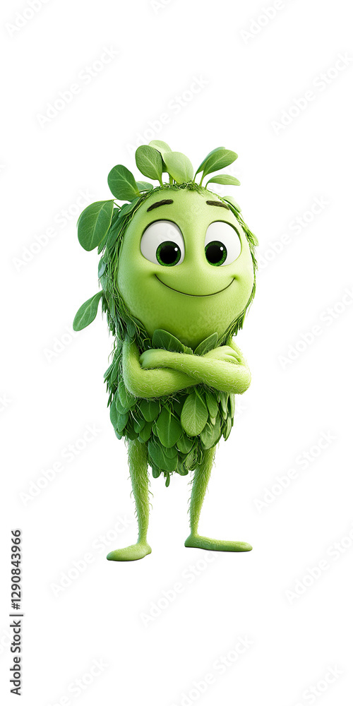 Fototapeta premium Adorable Green Leaf Creature, Happy Animated Character, Eco-Friendly Mascot