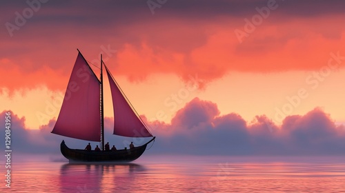 Sailboat at sunset on calm ocean.