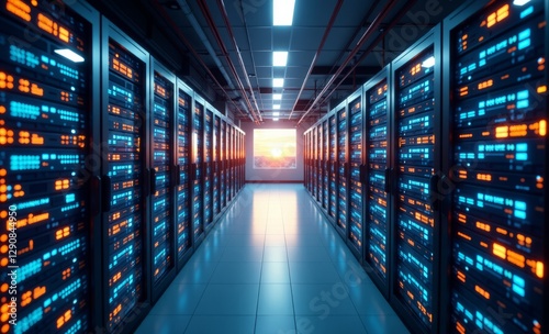 A holographic server room with glowing data streams 