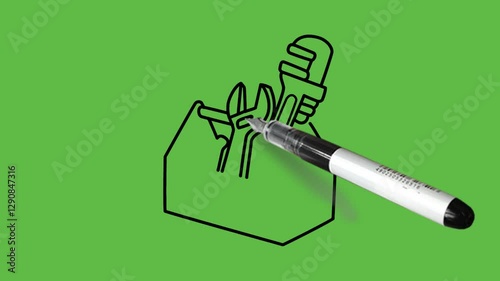 draw 3D open container filled with wrench, spanner, pleir, screw, driver and other tools and instruments used for repair and maintenance with black outline on abstract green screen background  
