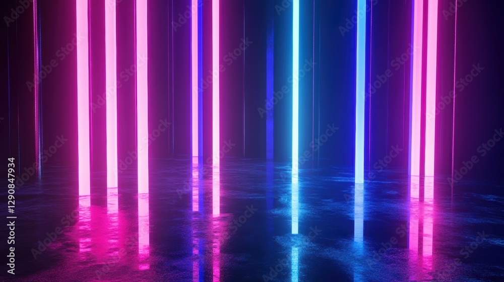 Neon light beams reflections on wet floor in dark room, futuristic illuminated space, vibrant pink and blue glowing lines, abstract background design. Neon light beams reflections on wet floor in dark room, futuristic illuminated space, vibrant pink and blue glowing lines, abstract background design.