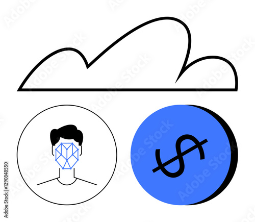 Large cloud above two icons facial recognition with geometric face patterns and currency symbol with restriction. Ideal for AI, biometrics, security, fintech, data, IoT, abstract line flat metaphor