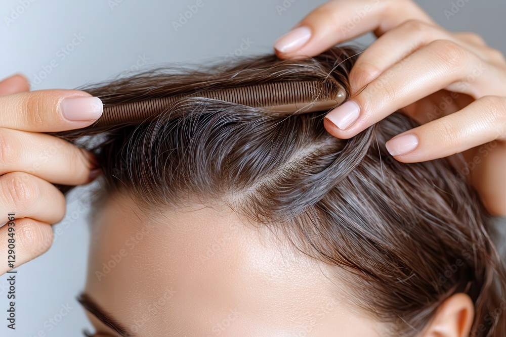 Naklejka premium Regrowth treatment for hair loss Styling hair with a comb, close-up of hands and hair texture.