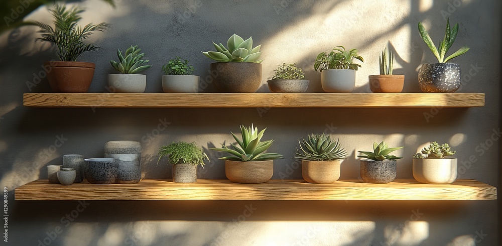 Fototapeta premium Sunlit shelves with diverse succulents displayed in modern planters