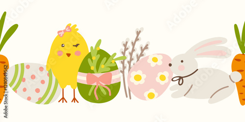 Easter seamless border pattern with bunny eggs and chick vector illustration