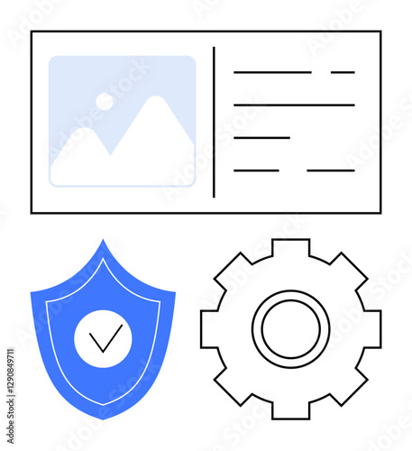 Shield with checkmark, gear, and webpage layout. Ideal for web design, cybersecurity, efficiency tools, system settings, technology, workflow management abstract line flat metaphor