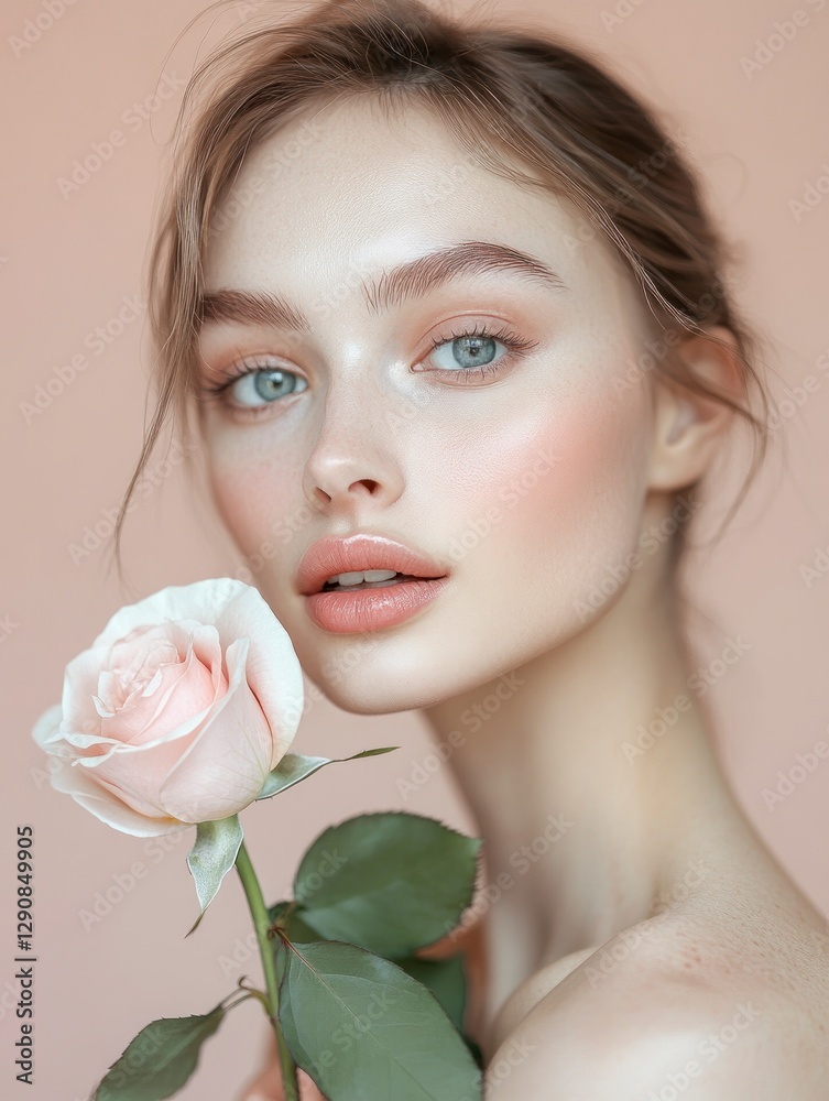 close-up portrait of an attractive woman with clear, glowing skin and radiant makeup, holding a pink rose in her hand close-up portrait of an attractive woman with clear, glowing skin and radiant makeup, holding a pink rose in her hand