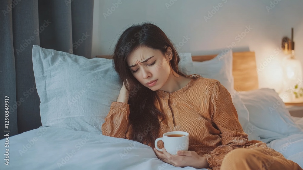 Stomach pain relief while resting on a bed with a cup of warm tea. Featuring discomfort and soothing Stomach pain relief while resting on a bed with a cup of warm tea. Featuring discomfort and soothing