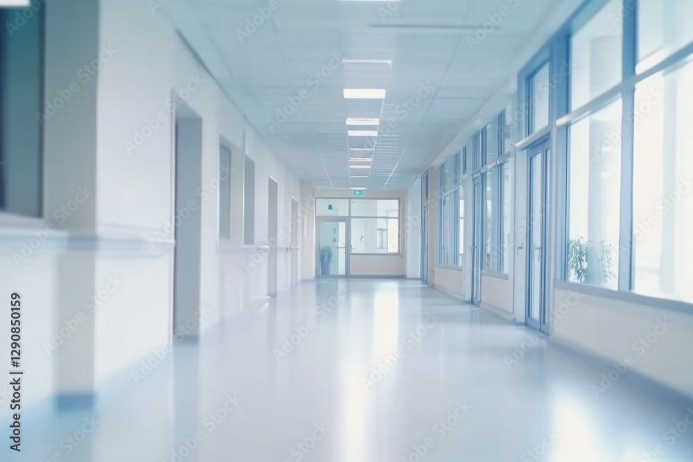 Fototapeta premium Blurred background of a corridor in hospital or clinic. Concept for hospital or medicine advertisement. Nation Doctor’s Day