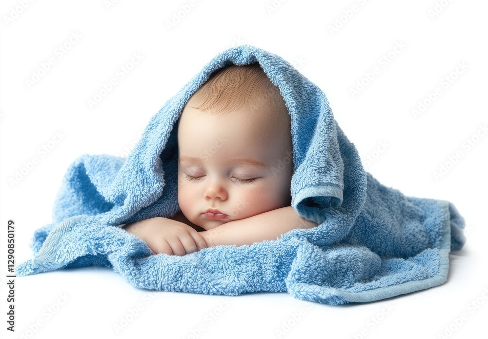 Portrait of a baby sleeping on a blue towel against a white background. Portrait of a baby sleeping on a blue towel against a white background.