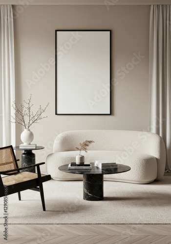 home interior Frame mockup, ISO A paper size. Living room wall poster mock up. empty mockup with house background. Modern interior design. 3D render