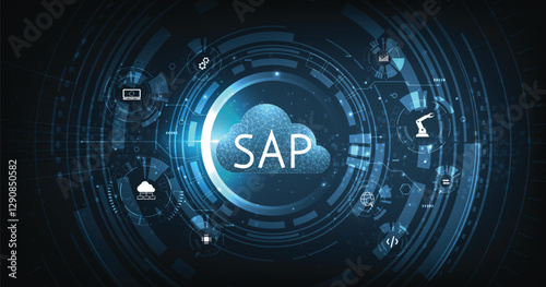 System Applications and Product (SAP) on dark blue background. Program helps manage business to access information quickly accurately. 