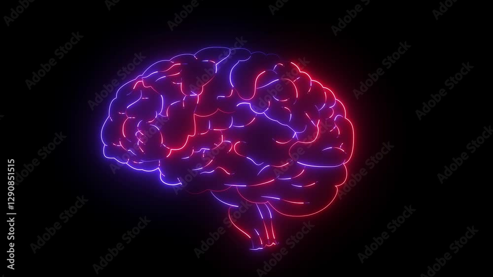 Computer generated icon of the human brain. neon brain animated neon brain thinking with neon light running through the meanders. 3d rendering Computer generated icon of the human brain. neon brain animated neon brain thinking with neon light running through the meanders. 3d rendering