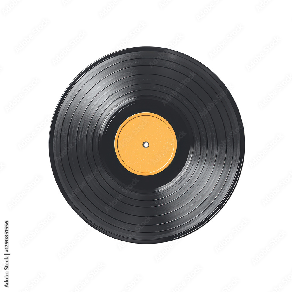 A black vinyl record featuring a central yellow label, showcasing classic grooves and a vintage aesthetic. isolated on white background. A black vinyl record featuring a central yellow label, showcasing classic grooves and a vintage aesthetic. isolated on white background.